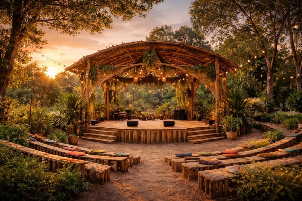 Scénographies bois pour festivals avec structures écologiques et décors durables
