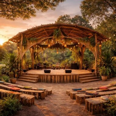 Scénographies bois pour festivals avec structures écologiques et décors durables