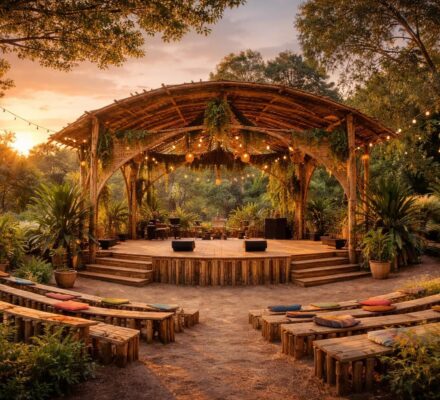 Scénographies bois pour festivals avec structures écologiques et décors durables