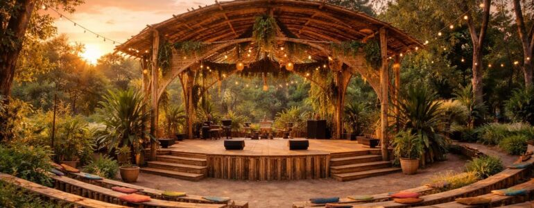 Scénographies bois pour festivals avec structures écologiques et décors durables