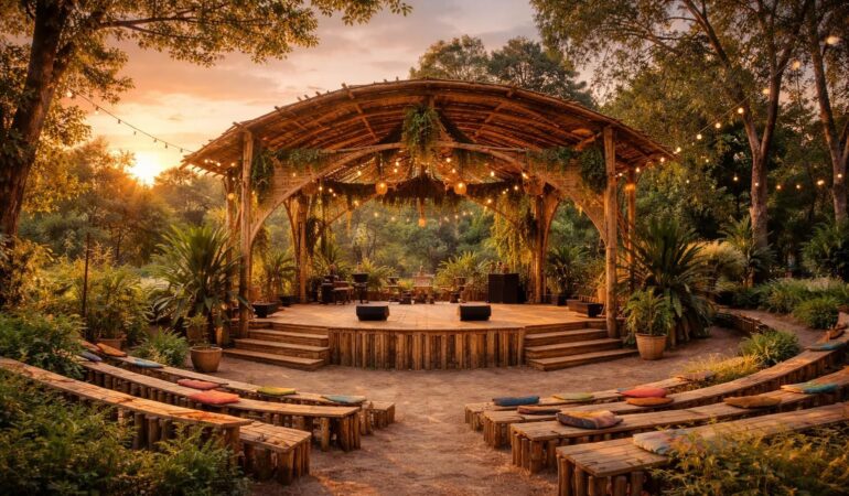 Scénographies bois pour festivals avec structures écologiques et décors durables Scénographies bois pour festivals avec structures écologiques et décors durables