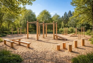 Structures en bois pour parcours sportifs avec agrès outdoor Kompan et modules de fitness extérieur