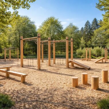 Structures en bois pour parcours sportifs avec agrès outdoor Kompan et modules de fitness extérieur