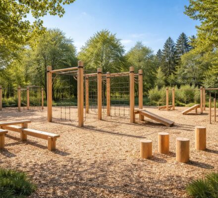 Structures en bois pour parcours sportifs avec agrès outdoor Kompan et modules de fitness extérieur