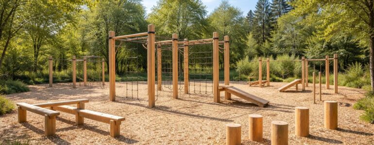 Structures en bois pour parcours sportifs avec agrès outdoor Kompan et modules de fitness extérieur