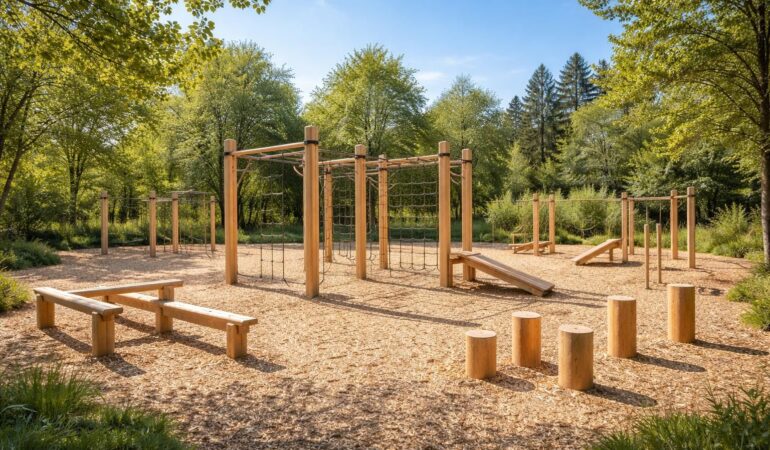 Structures en bois pour parcours sportifs avec agrès outdoor Kompan et modules de fitness extérieur