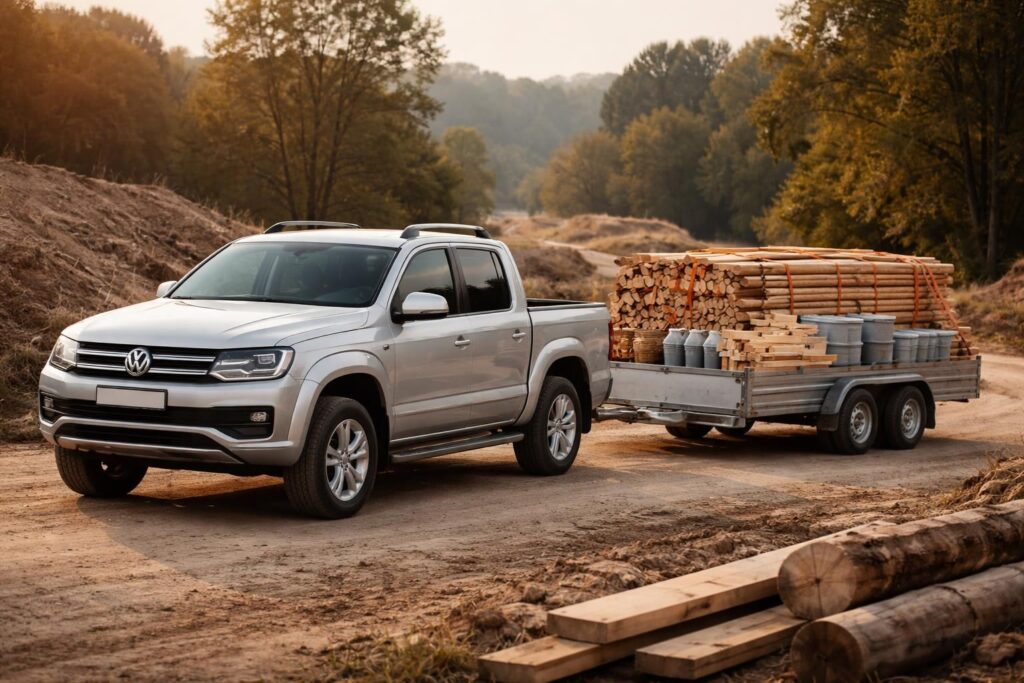 Transport de bois et matériaux avec remorque pour Volkswagen Amarok ou Mitsubishi L200