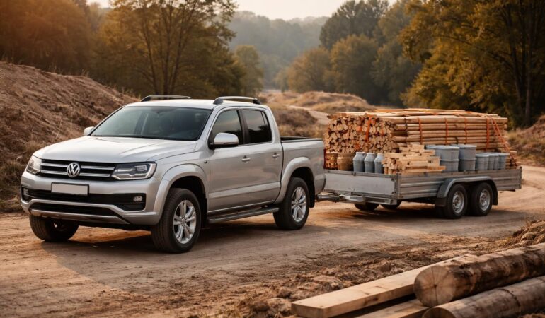 Transport de bois et matériaux avec remorque pour Volkswagen Amarok ou Mitsubishi L200